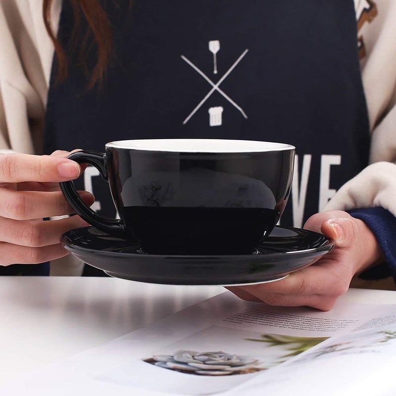 Coffeezone Latte Art Cup and Saucer for Latte & Cappuccino New Bone China, Mate for Coffee Shop and Barista (Glossy Black, 10.5 oz) - Image 2